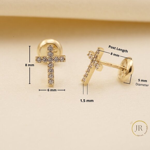 14K Solid Gold CZ Pave Cross Stud Earrings Religious Fine Jewelry